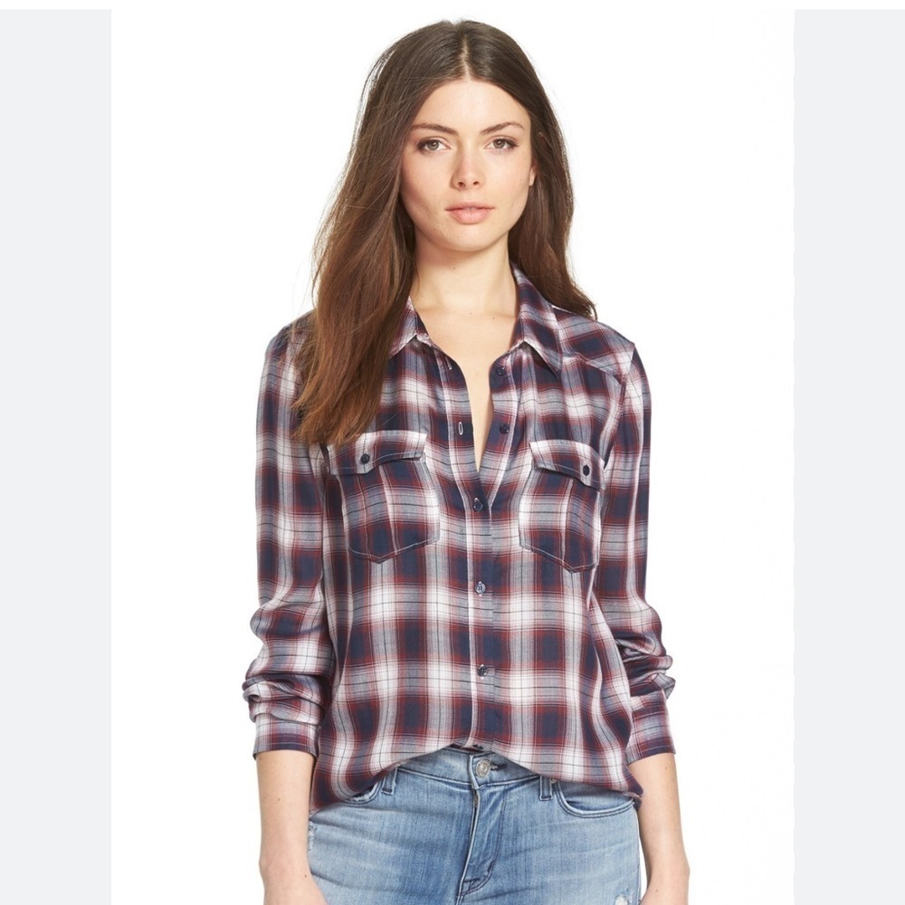 PAIGE Blue & Red Plaid Button Down Shirt Size Small